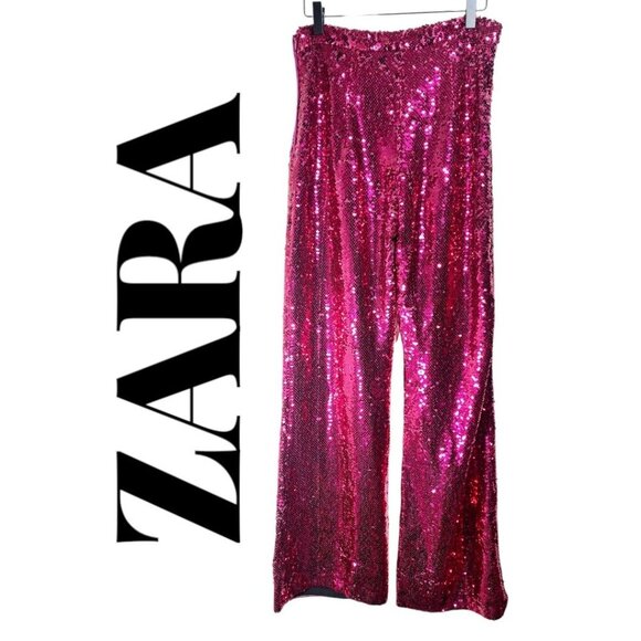 NWT ZARA LIMITED EDITION RED SEQUIN WIDE LEG PANTS, SIZE MEDIUM - Picture 7 of 13
